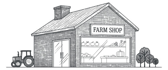 A farm shop building with a tractor and produce display in detailed black and white vector style, ideal for agricultural branding