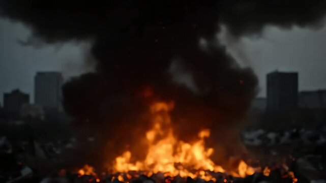 Massive explosion and fire erupts from a pile of debris in a city skyline background
