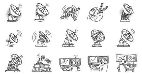 A collection of satellite and communication icons in black and white outline vector style, suitable for technology and networking projects