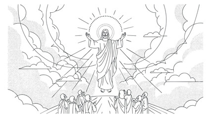Obraz premium An outline illustration of Jesus Christ in a radiant pose with clouds and light rays, minimalist vector style, perfect for religious themes and spiritual art