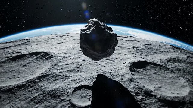 Dramatic asteroid tumbles in orbit above Earth with craters and starry sky