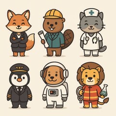Kawaii Animal Professionals Set. Cute Animal Characters in Different Jobs