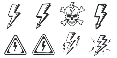 A collection of lightning bolt and danger symbols including a skull in black and white vector style, ideal for warning graphics and designs