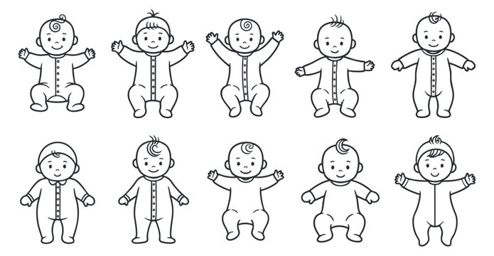 A collection of cute baby characters in black and white outline vector style, ideal for children's products and nursery decor
