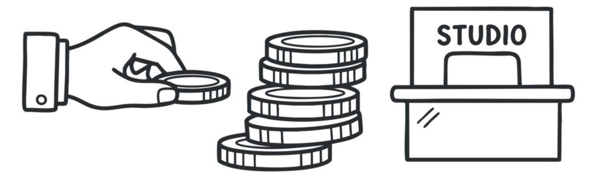 A hand holding a coin next to a stack of coins and a studio sign in black and white outline vector style, suitable for financial and business concepts