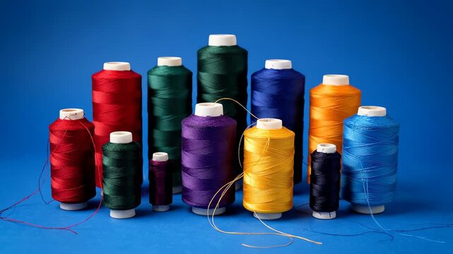 Vibrant spools of thread arranged artfully in a gradient of colors against a solid blue background