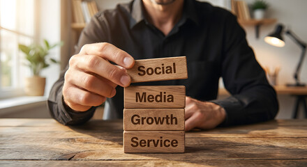 Businessman stacking wooden blocks with words social media growth service in office workspace