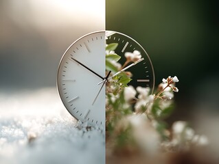 Analog wall clock divided between snow and spring blossoms, spring daylight saving time change, visual clock adjustment from winter to spring