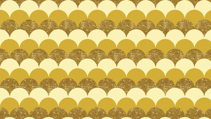 seamless classic Japanese wave semicircle pattern background. Luxury Seigaiha Motif with color of light golden yellow , gold and Metallic Gold Glitter Texture. symbol of peace and luck.