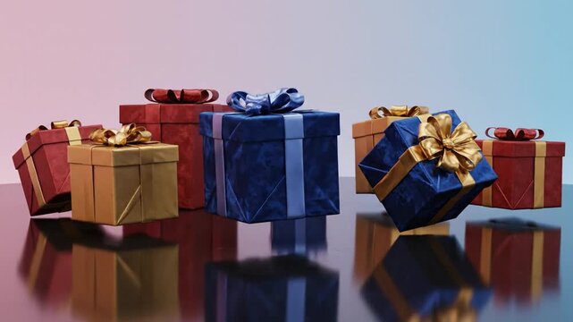 Colorful gifts wrapped in elegant paper with shiny ribbons on reflective surface