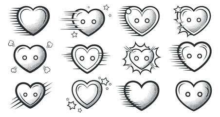 Fototapeta premium A collection of playful heart icons with various expressions and effects in black and white outline style, suitable for romantic designs and graphic projects