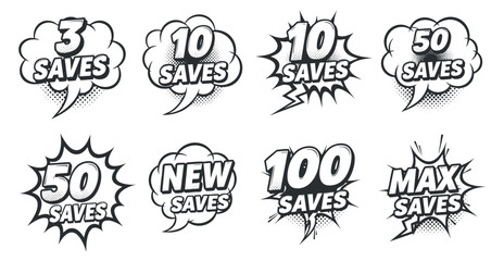 A collection of save milestone icons featuring numbers in speech bubbles, in black and white flat vector style, ideal for game design and achievement tracking