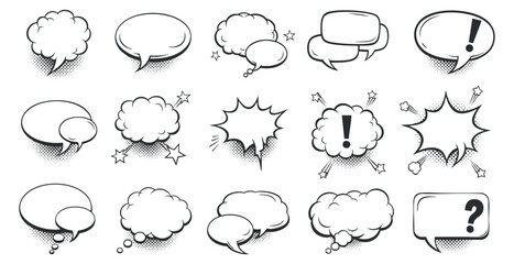 Fototapeta premium A collection of various speech and thought bubbles in black and white vector style, ideal for comics and conversation illustrations