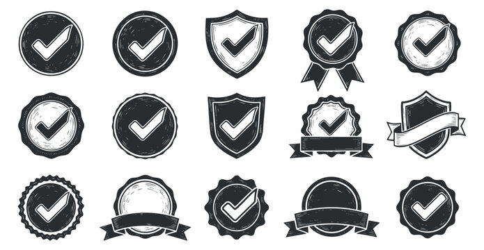 A collection of check marks in various badge and shield shapes in black and white vector style, ideal for certification and approval designs