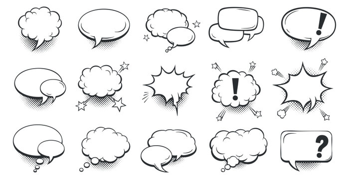 A collection of various speech and thought bubbles in black and white vector style, ideal for comics and conversation illustrations