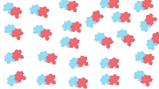 Pattern of Blue and Red Puzzle Pieces Scattered on White Background Graphic Design Abstract Illustration