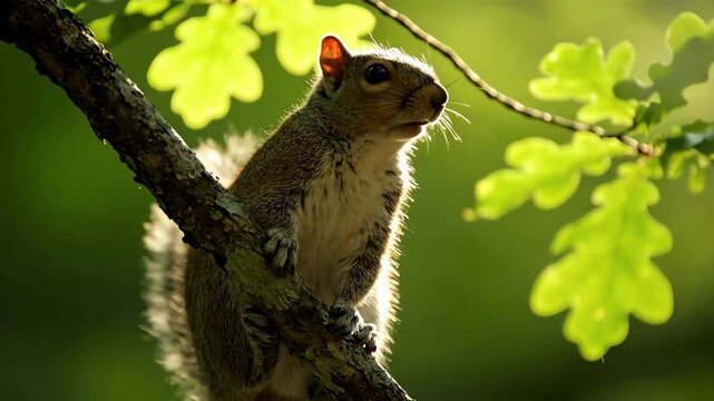 Close up shot of a gray squirrel perched on a tree branch in dappled sunlight among green leaves