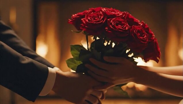 Man's hands giving a bouquet of red roses to a woman in front of a cozy fireplace for a romantic love concept and special occasion