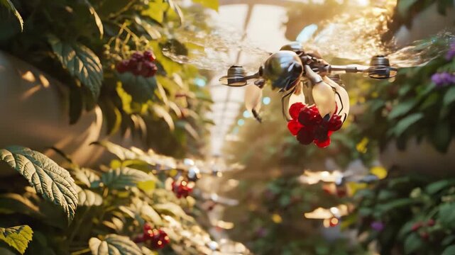 Solarpunk Vertical Farm with Bee-Like Drones Harvesting Red Berries - AI Generated