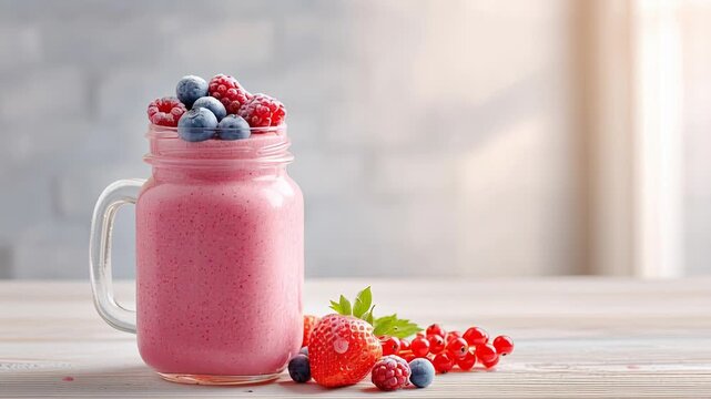 Fresh berry smoothie in a jar with strawberries and blueberries on wooden table