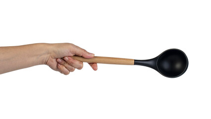 Black plastic spatula in hand on transparent background