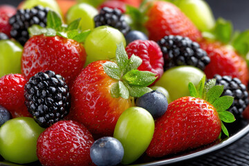 Obraz premium Fresh Mixed Berries and Grapes on a Dark Plate