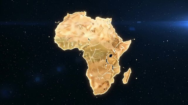 Glowing outline of the African continent emerges from a starry, cosmic background with lens flares