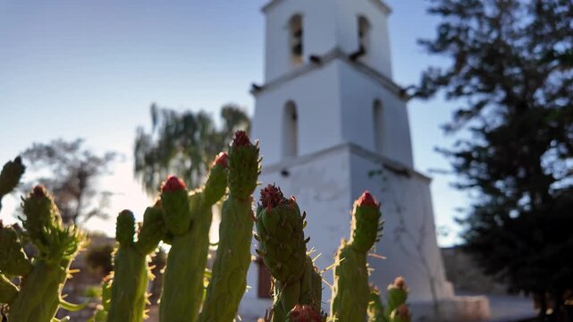 Toconao, Chile: Tilt up footage of the historic Toconao Bell Tower of the San Lucas Church near San Pedro de Atacama, Chile
