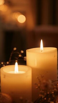 Vertical video: Flickering two pillar candles on table reacting to draft, lighting sprigs ornaments
