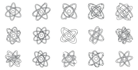 A collection of atomic symbols in black outline vector style, suitable for educational materials or scientific designs