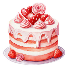 Watercolor strawberry cake with cream hearts romantic dessert illustration