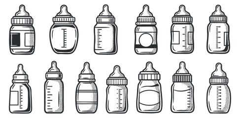 A collection of various baby bottles in vintage black and white vector style, suitable for parenting and childcare designs