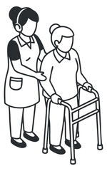 A caregiver assisting an elderly person with a walker in black and white outline vector style, ideal for healthcare and wellness themes