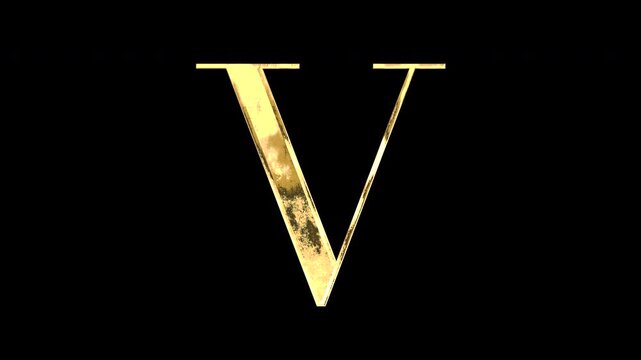 Gold uppercase alphabet &ldquo;V&rdquo;, Serif, light reflecting and patterns shifting, alpha channel