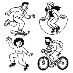 Isolated separated layered lineart outline of people enjoying outdoor activities with happy