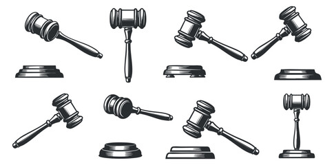 A collection of gavel illustrations in black and white vector style, ideal for legal and courtroom projects