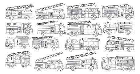 A collection of various fire trucks and emergency vehicles in black and white outline vector style, ideal for educational materials and safety campaigns