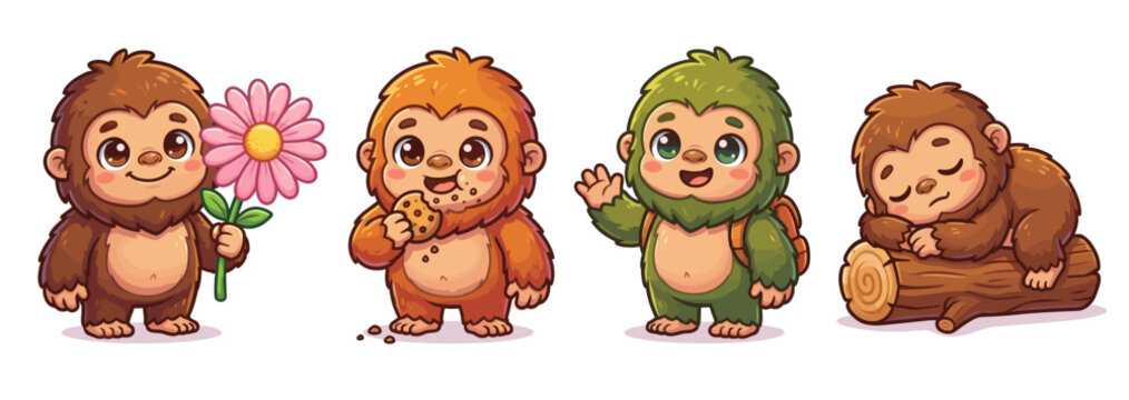 Cute Sasquatch vector character set featuring adorable baby Bigfoot holding flower eating cookie waving and sleeping on log isolated on white for kids cartoon illustration