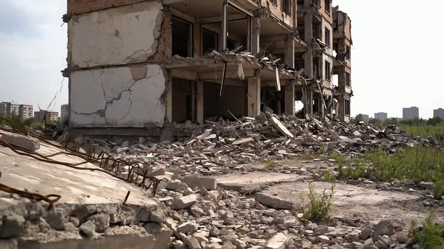 Dilapidated building ruins with scattered debris and rebar against a sky