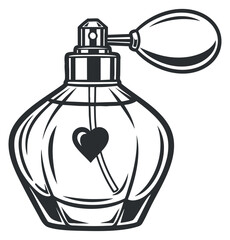 Obraz premium A vintage perfume bottle with a heart design in black and white minimalist vector style, suitable for beauty branding and cosmetic packaging