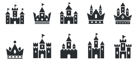 Naklejka premium A collection of castle and crown icons in black vector style, perfect for fantasy design and children’s themes