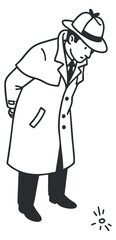 A detective character in a trench coat and hat, depicted in black and white outline vector style, ideal for mystery themes or investigative content