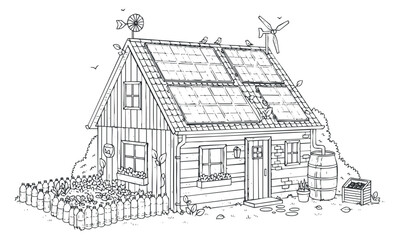 Obraz premium A cozy cottage with solar panels and a windmill in outline vector style, perfect for eco-friendly design projects