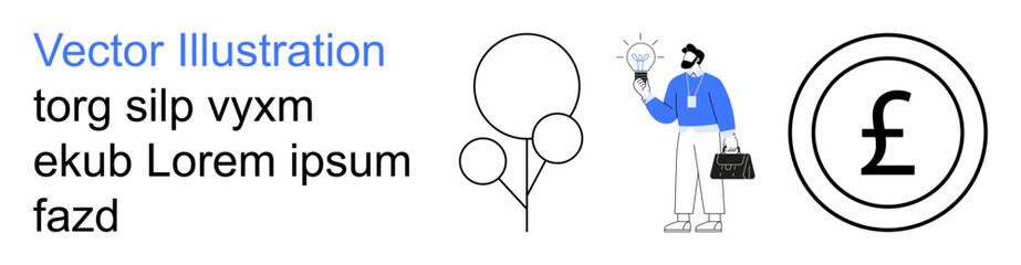 Business growth, financial innovation, creative ideas, economics, entrepreneurship, minimalism. A figure holding a lightbulb, balloons and a pound sign. Business growth and financial innovation