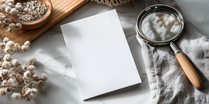 a blank card mockup placed on a clean white counter. A single, small, round mirror reflects the image of a blurred turkey baster 