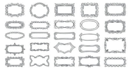 A collection of ornate decorative frames in black and white line art vector style, perfect for invitations or graphic design projects