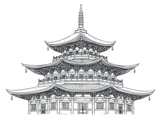 A detailed illustration of a traditional pagoda temple in black and white outline vector style, suitable for architectural design projects