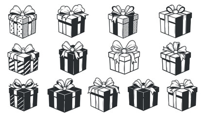 A collection of twelve black and white gift boxes with various ribbon designs in minimalist vector style, ideal for festive branding and holiday projects