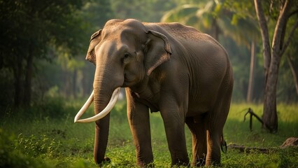 Fototapeta premium Majestic Elephant in Natural Habitat: A solitary elephant, with its impressive tusks and leathery hide, roams freely in its natural, lush green habitat.