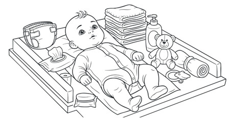 A baby lying on a changing table surrounded by diapers, toys, and baby care essentials in minimalist outline vector style, suitable for parenting guides and educational materials